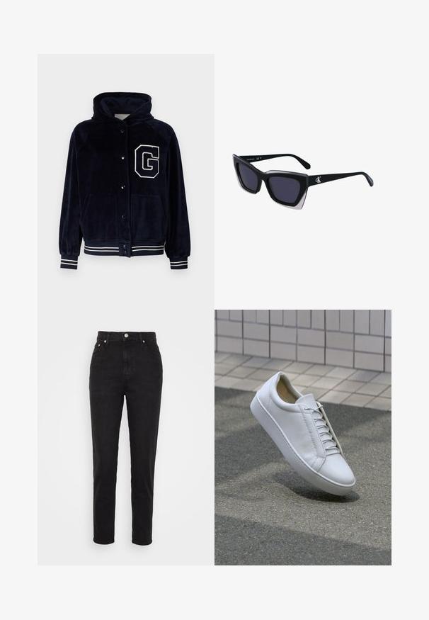 Felpa navy in velluto con chiusura frontale a bottoni, grande patch bianco con la lettera "G", due tasche laterali e polsini e orlo a righe a costine.; T-shirt bianco in cotone con scollo rotondo, maniche corte, taglio dritto e texture liscia. Nessun motivo o decorazione.; Jeans neri a vita alta slim-fit con bottone frontale, passanti per cintura e design a cinque tasche su sfondo bianco.; Sneaker bianco in pelle con punta rotonda, suola piatta e sei paia di occhielli. Texture liscia e design minimalista con dettagli di cucitura.; Occhiali da sole oversize neri dalla forma geometrica, con lenti scure e un dettaglio grigio a contrasto sulla montatura. Logo sul braccio.; Orecchini in metallo argentato con forma a goccia liscia e finitura lucida. Incisioni sottili aggiungono dettagli. Design minimalista.