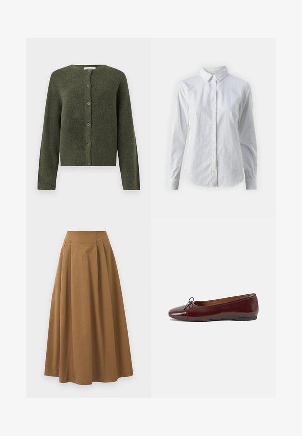 Zeleni cardigan iz teksturirane pletene tkanine, s okroglo ovratnikom, dolgimi rokavi in šestimi sprednjimi gumbi.; Bela srajca z gumbki, narejena iz gladkega bombaža, s klasičnim ovratnikom, dolgimi rokavi in ukrivljenim robom. Gumbi so majhni in beli.; Rjava bombažna A-linijska krila z visokim pasom, ki vključuje naborke spredaj in gladko teksturo. Robovi so čisti in preprosti.; Burgundska patenti usnjeni baletni čevlji z zaobljenim prstom, majhnim lokom na sprednji strani in nizkim črnim gumijastim podplatom. Gladka tekstura.
