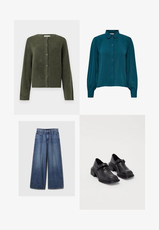 Zöld kardigán textúrált kötött anyagból, kerek nyakkivágással, hosszú ujjal és hat elülső gombbal.; Türkiz blúz, galléros nyakkivágással, gombos elöléttel és hosszú ujjakkal. Texturált anyagból készült, összegyűrt mandzsettákkal.; Széles lábú kék farmernadrág elhalványodott felülettel, gombos és cipzáras záródással, öt zsebbel és övhurkokkal.; Fekete bőr cipők lekerekített orral, lapos talppal és csattal díszített pánttal. Masszív blokk talp a megnövelt stabilitásért.