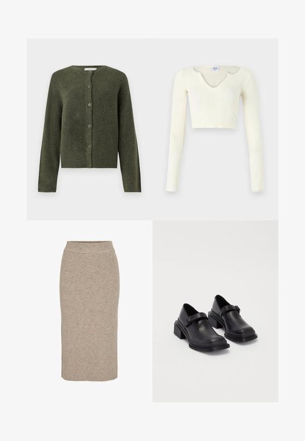 Grønn cardigan laget av teksturert strikkemateriale, med rund hals, lange ermer og seks knapper foran.; Crop top i off-white strikkemateriale. Lange ermer med ribbet tekstur og små utskjæringer rundt halslinjen.; Strikket blyantkjole i lys beige, med ribbet tekstur, høy midje og smal passform. Bunnfaldet faller under kneet.; Sorte lærersko med rund tå, flat såle og en rem med spenne-detalj. Kraftig blokkhæl for bedre stabilitet.
