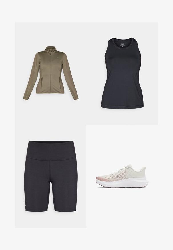 ONLY Play ONPJETTA - Flīsa jaka - kalamata; Melns sporta bez piedkājām topiņš ar pieguļošu dizainu, apaļu dekoltē un maigu, gludu tekstūru. Iekļautas smalkas šuvju detaļas.; Melni sporta šorti, izgatavoti no elastīgas auduma, ar augstu jostasvietu un plakano šuvju detaļām. Izstrādāti ērtībai un kustību brīvībai.; Vieglie sporta apavi ar elpojošu baltu sietu augšdaļu, gradienta rozā akcentiem un biezu baltu zoli ar teksturētu apdari.