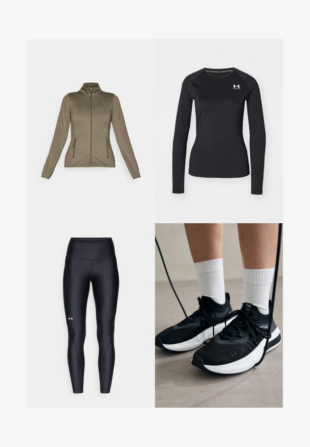 ONLY Play ONPJETTA - Flīsa jaka - kalamata; Melna garām piedurknēm sporta krekls, izgatavots no izlīdzinātas auduma, ar apaļu kakla izgriezumu un mazu baltu logotipu kreisajā krūtī.; Melnas leginses, kas izgatavotas no gluda, elastīga materiāla ar augstām jostām. Ir balta logo kreisajā augšstilbā un pieguļoša piegriezuma dizains.; Melni sporta apavi ar strukturētu audumu, balta zole un melni šņores. Valkāti ar baltām ribotām zeķēm, stāvot uz gaišas virsmas.