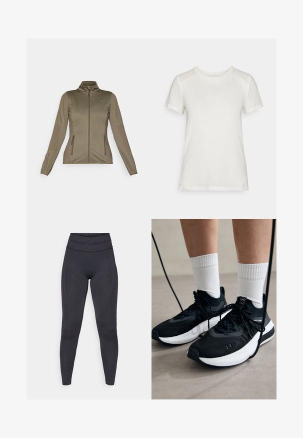 ONLY Play ONPJETTA - Fleecejakke - kalamata; Hvit t-skjorte med kort erm laget av mykt stoff, med rund hals og en avslappet passform med glatte, sømløse skulderdetaljer.; Sorte tights med høy elastisk liv med teksten "UNDER ARMOUR". Glatt tekstur med subtile mønsteraccents langs beina.; Svarte treningssko med teksturert stoff, hvit såle og svarte snøringer. Brukt med hvite ribbestrikkede sokker, stående på en lys overflate.