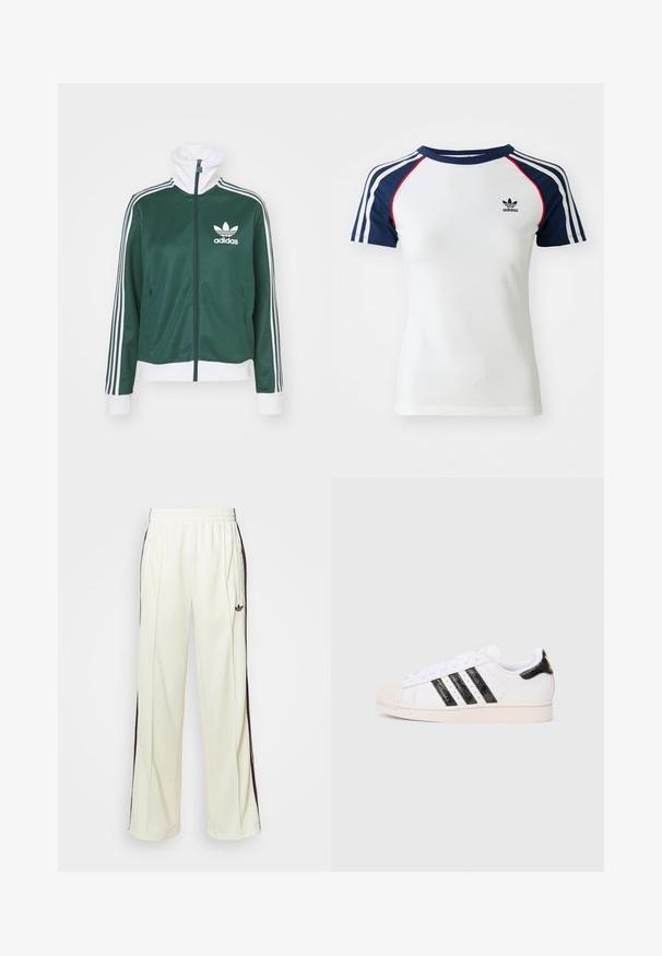 Jaqueta verde-escura com fecho éclair e gola alta, detalhes brancos e três riscas brancas ao longo das mangas. Apresenta o logo da Adidas no lado esquerdo do peito.; T-shirt de algodão branco com mangas raglan azul marinho, apresentando três riscas brancas e um pequeno logótipo da Adidas em preto no peito. Detalhes em vermelho.; Calças de moletom de cor creme com um ajuste descontraído, apresentando riscas laterais castanhas-escuras e um logótipo bordado na coxa esquerda.; Sapatilha branca com riscas e detalhes texturizados pretos; apresenta uma biqueira de borracha, atacadores planos e acolchoado à volta do tornozelo.