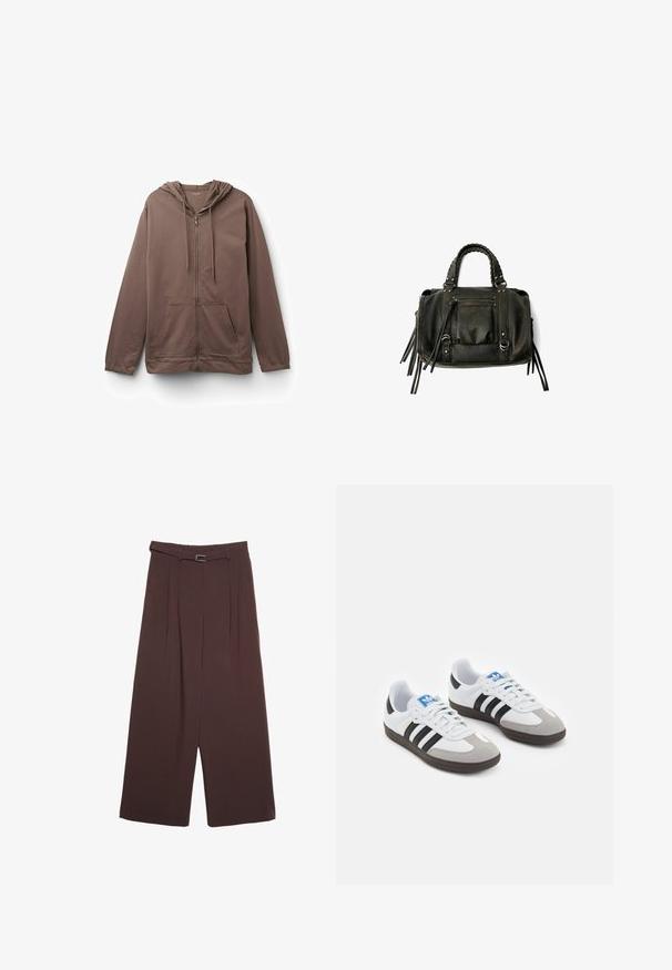 Brązowa bluza zapinana na zamek z kapturem, kieszeniami z przodu i sznurkami do regulacji. Wykonana z miękkiego materiału o gładkiej fakturze i swobodnym kroju.; Dwie koszulki z okrągłym dekoltem w kolorze czarnym i białym, wykonane z bawełny. Posiadają krótkie rękawy i jednolity kolor bez wzorów czy akcentów.; Stradivarius - Spodnie materiałowe; Buty sportowe z białą skórzaną cholewką, szarym zamszowym noskiem i trzema czarnymi paskami. Posiadają niebieskie logo na języku oraz teksturowaną gumową podeszwę.; Czarna skórzana torebka z plecionymi uchwytami, kieszenią na zamek i zawieszkami. Teksturowana powierzchnia z metalowymi ćwiekami i akcentami ze stali.