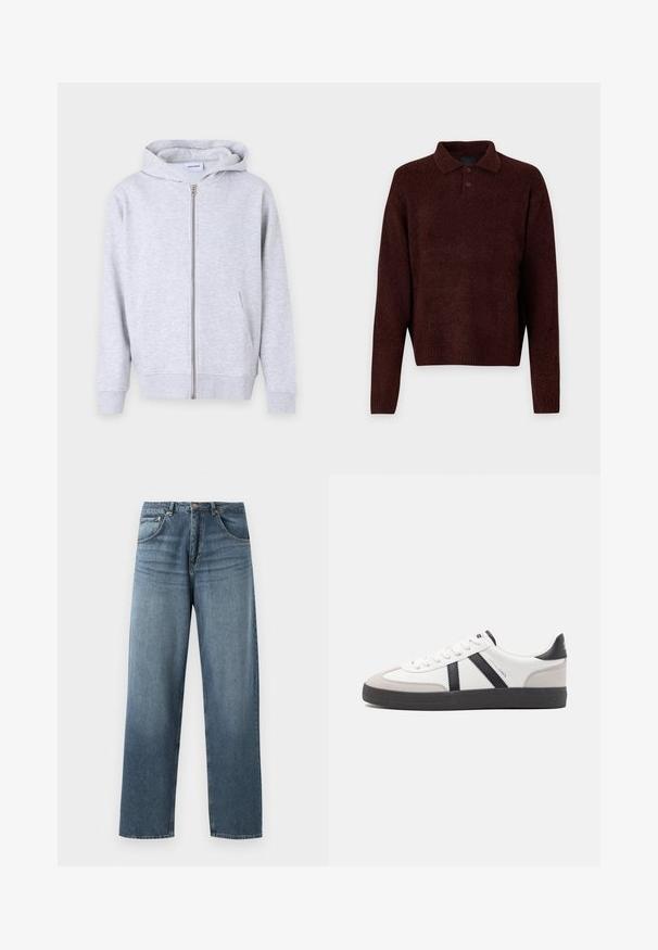 Grijze rits hoodie gemaakt van zachte stof, met een capuchon, voorkeurszakken, ribgebreide manchetten en een rechte zoom.; Bruin gebreid pullover met een polo kraag, drie knopen bij de hals en lange mouwen. Zachte textuur, geribde manchetten en zoom.; Rechtaankomende blauwe spijkerbroek met een vervaagde was, voorzien van een vijfzakkenontwerp, metalen knoop en riemlussen. Gestructureerde, middelzware stof.; Witte sneaker met zwarte en grijze accenten, voorzien van een grijze neus met textuur, zwarte rubberen zool en platte witte veters. Schoon ontwerp, minimalistische stijl.