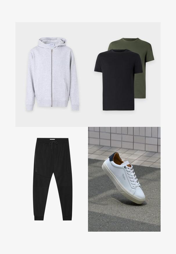 Gray zip-up hoodie made of soft fabric, featuring a hood, front pockets, ribbed cuffs, and a straight hem.; Two crew-neck t-shirts in black and olive green, made of soft cotton fabric. The design is simple with short sleeves and a straight cut.; Black athletic pants made of textured fabric, featuring an adjustable waistband, zippered side pocket, and tapered cuffs.; White leather sneaker with a navy heel, round toe, and contrasting brown accents. Features flat laces and textured rubber sole.