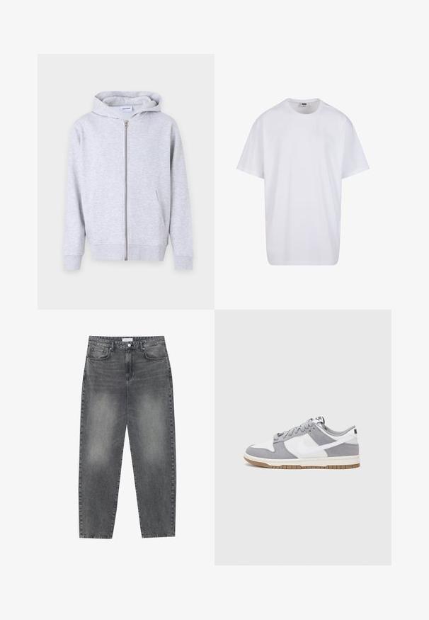 Szürke cipzáras kapucnis pulóver puha anyagból, kapucnival, elülső zsebekkel, bordázott mandzsettával és egyenes szegéllyel.; Fehér pamut póló rövid ujjal, kerek nyakú, laza szabású, és nincsenek látható logók vagy minták. Simább textúra és minimalista dizájn.; Magasan szabott, bővebb szabású farmernadrág fakó fekete denim anyagban. Öt zsebbel, övhurkokkal és tiszta, egyenes lábszár dizájnnal rendelkezik.; Szürke és fehér sportcipő, velúr és bőr felsőrésszel, kerek orral, lapos fűzőkkel és gumitalppal, amelyen rágógumi színű díszítés található.