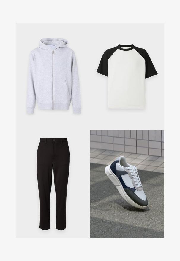Szürke cipzáras kapucnis pulóver puha anyagból, kapucnival, elülső zsebekkel, bordázott mandzsettával és egyenes szegéllyel.; Fekete-fehér, rövid ujjú póló bordázott textúrával; raglán ujjakkal és kerek nyakkal rendelkezik.; Fekete nadrág könnyű anyagból, egyenes lábbal, elülső gombos záródással, övhurkokkal és zsebbel az oldalán.; Fehér, tengerészkék és szürke sneaker vegyes anyagokból készült dizájnnal, amely textúrázott felsőrésszel, lapos fűzőkkel és párnázott talppal rendelkezik.