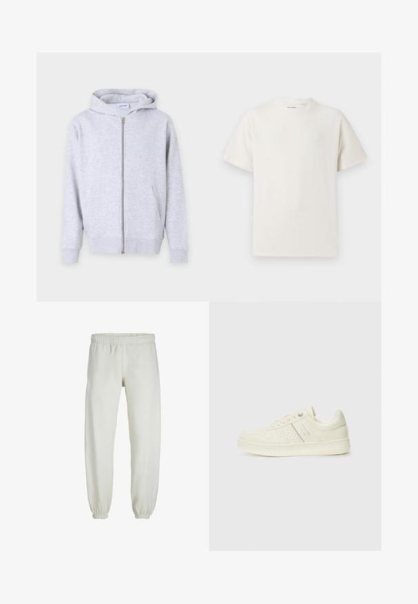 Siva zip-up kapuca iz mehkega blaga, ki vključuje kapuco, sprednje žepe, rebraste manšete in ravno obrobo.; Bela majica s kratkimi rokavi iz rebraste tkanine. Okrogli izrez, sproščen kroj, brez vidnih vzorcev ali naglasov. Preprosta in vsestranska zasnova.; Bele trenerke narejene iz mehkega blaga, z elastičnim pasom in manšetami, gladke teksture in ohlapnega kroja.; Sneaker v kremni barvi s perforiranim detajlom, vezalkami in logotipom na strani, prikazan na enostavni beli ozadju.