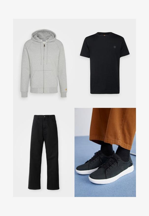 Šedá mikina na zip z měkké směsi bavlny, s kapucí, předními kapsami, žebrovanými manžetami a spodním lemem, se zlatým logem na rukávu.; Černé bavlněné tričko s kulatým výstřihem, krátkými rukávy a malým vyšitým logem na hrudi. Hladká textura, klasický střih.; Černé džínové kalhoty s rovný střih, s předními kapsami, zipovým zapínáním a jedním horním knoflíkem. Texturovaná látka s matným povrchem.; Černé semišové tenisky s bílými gumovými podešvemi, s šněrovacím designem, texturovanými detaily a jemným logem, spárované s hnědými kalhotami.