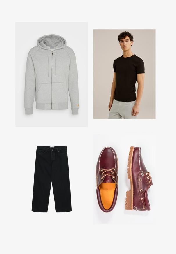 Grijze zip-up hoodie van zachte katoenmix, met een capuchon, voorzakken, geribbelde manchetten en zoom, met een gouden logo-accent op de mouw.; Zwarte korte mouwen t-shirt met een ronde halslijn, gemaakt van een gladde, rekbare stof. De pasvorm is slim, ontworpen om dicht tegen het lichaam aan te zitten.; Zwarte wijde jeans van denim stof, met een knoopsluiting aan de voorkant, riemlussen en zakken. Gladde textuur, minimalistisch ontwerp.; Bordeaux leren schoenen met bruine rubberen zolen, ronde neus, witte stiksels en gouden veterogen. Het interieur heeft een gele voering.