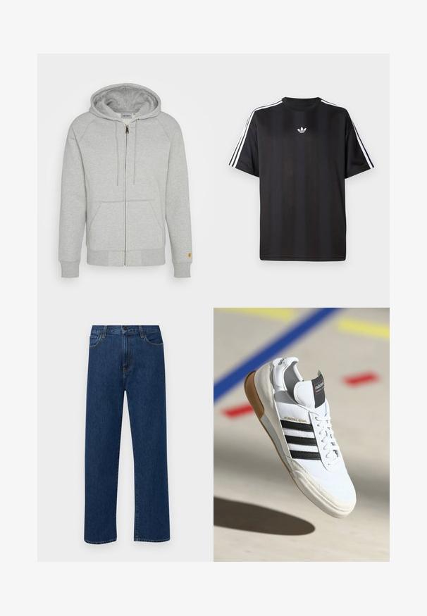 Grå hettegenser med glidelås i myk bomullsblanding, med hette, frontlommer, ribbestrikkede ermer og nederkant, samt en gyllen logoaksel på ermene.; Svart t-skjorte med kort erm og hvite tre-stripes detaljer på skuldrene og en liten hvit logo på brystet. Mjuk stofftekstur.; Mørkeblå rette jeans i denim med frontlommer og knappelukking, vist på en enkel hvit bakgrunn.; Hvite Adidas Mundial Goal sneakers med svarte striper og gummisåle, vist i luften over en sportsgulv med fargede linjer.