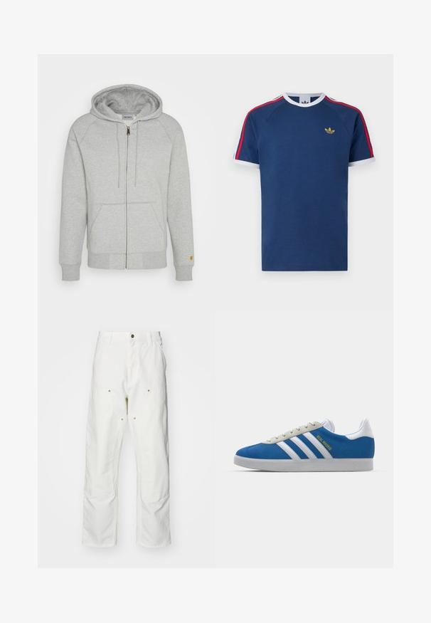 Felpa grigia con zip in morbido misto cotone, dotata di cappuccio, tasche frontali, polsini e fondo a coste, con un accento dorato del logo sulla manica.; T-shirt blu navy in morbido cotone, con strisce bianche e rosse sulle maniche, collo rotondo e piccolo logo dorato sul petto.; Pantaloni cargo bianchi in cotone con vestibilità rilassata. Tra le caratteristiche ci sono tasche frontali, dettagli in metallo dorato e sezioni rinforzate sulle ginocchia.; adidas Originals ADIDAS GAZELLE SHOES - Scarpe da calcio indoor - real madrid/bluebird/footwear white/crew yellow