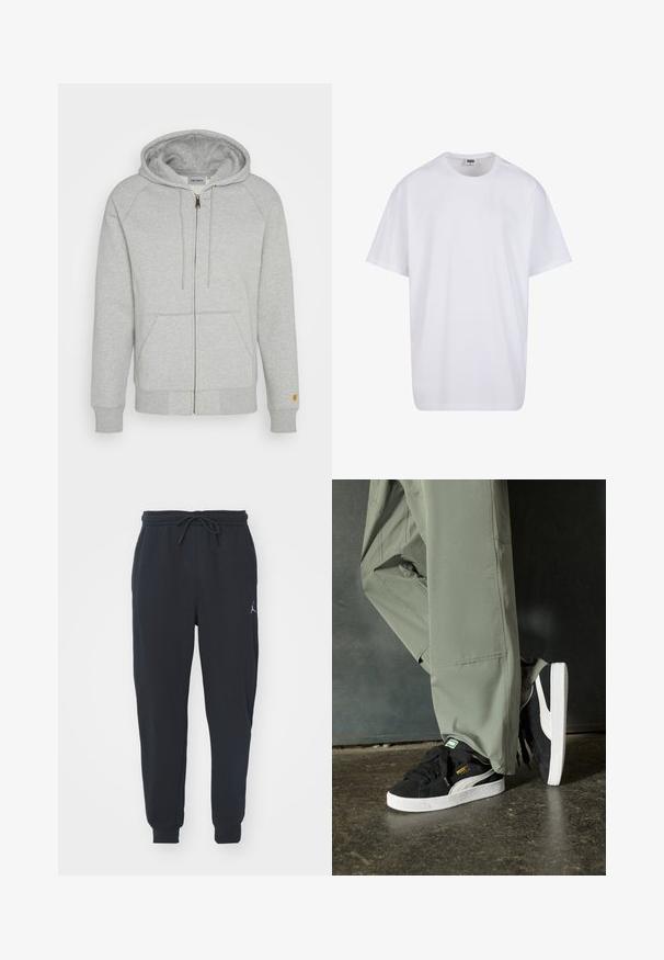 Šedá mikina na zip z měkké směsi bavlny, s kapucí, předními kapsami, žebrovanými manžetami a spodním lemem, se zlatým logem na rukávu.; Bílé triko z bavlny s krátkým rukávem, kulatým výstřihem, volným střihem a bez viditelných log či vzorů. Hladká textura a minimalistický design.; Černé teplákové kalhoty vyrobené z měkké tkaniny, s elastickým pasem na šňůrku, žebrovanými manžetami a malým logem na levém stehně.; Černé semišové tenisky s bílými gumovými podrážkami a bočními pruhy, spárované se světle zelenými cargo kalhotami, stojící na texturovaném tmavém povrchu.