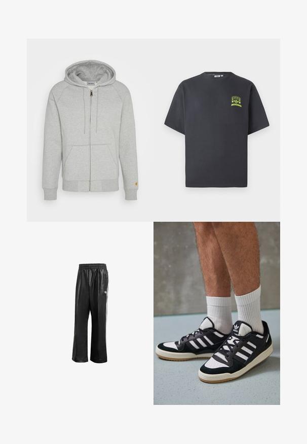 Sweatshirt zippé gris en mélange de coton doux, doté d'une capuche, de poches frontales, de poignets et d'un ourlet côtelés, avec un accent logo doré sur la manche.; T-shirt Adidas gris charbon à manches courtes avec un petit graphique néon vert représentant des haut-parleurs, un soleil et le logo Adidas sur la poitrine gauche.; Pantalons de sport synthétiques noirs avec une taille élastique, dotés de rayures blanches sur les côtés et d'un petit logo blanc sur la hanche gauche.; Baskets noir et blanc avec une tige en suède et cuir, comportant trois rayures blanches, un bout perforé et une semelle en caoutchouc gum.