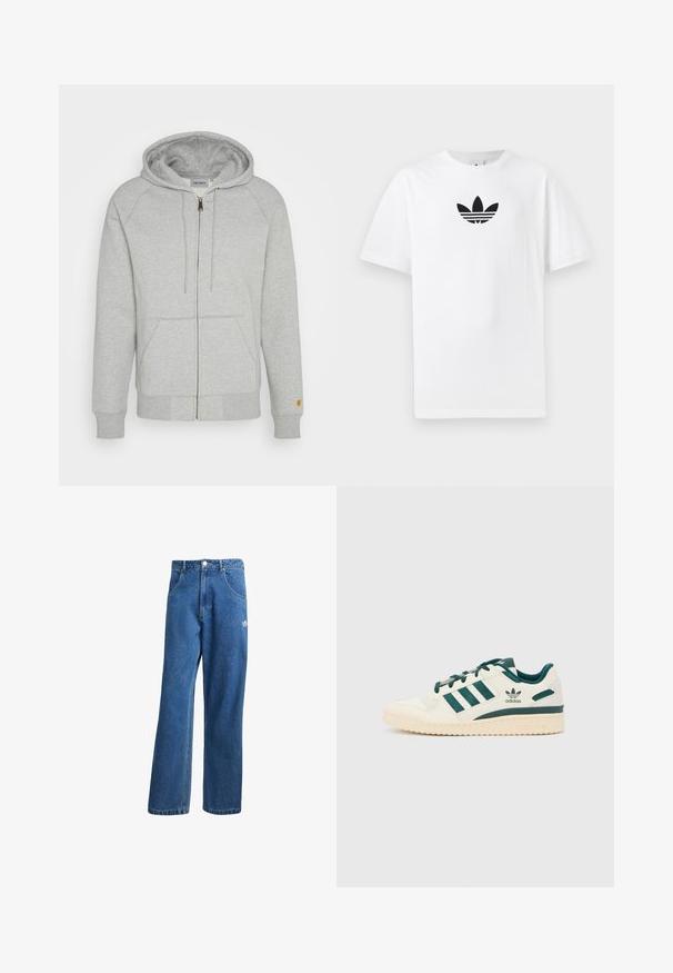 Sudadera gris con cremallera en una mezcla suave de algodón, que incluye capucha, bolsillos delanteros, puños y dobladillo acanalados, con un acento de logo dorado en la manga.; Camiseta de algodón blanca con un logo negro de Adidas en el centro. Diseño de manga corta y cuello redondo. Textura suave.; Vaqueros de mezclilla anchos de talle alto en azul, con bolsillos frontales, presillas para cinturón, cierre de botón y pequeño logo de Adidas en el muslo derecho.; Zapatilla blanca con acentos verdes. Presenta tres rayas verdes, puntera texturizada y logo en el lateral. Suela de goma con patrón texturizado.