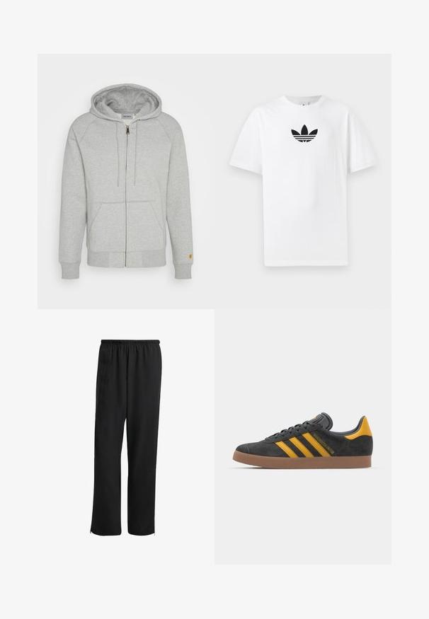 Felpa grigia con zip in morbido misto cotone, dotata di cappuccio, tasche frontali, polsini e fondo a coste, con un accento dorato del logo sulla manica.; T-shirt bianco in cotone con logo Adidas nero al centro. Maniche corte e design con girocollo. Texture liscia.; Pantaloni sportivi neri con vita elasticizzata, design a gamba dritta, tasche laterali e polsini con zip, realizzati in un tessuto liscio e leggero.; Sneaker in suede nero con dettagli gialli, dotato di tre strisce e una suola in gomma marrone. Include una linguetta imbottita per il comfort.