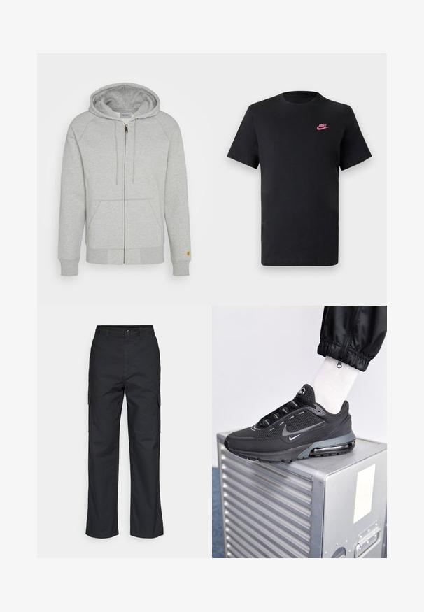 Sweatshirt zippé gris en mélange de coton doux, doté d'une capuche, de poches frontales, de poignets et d'un ourlet côtelés, avec un accent logo doré sur la manche.; T-shirt en coton noir avec un col rond et des manches courtes. Présente un logo Nike rose sur le côté supérieur gauche. Texture douce.; Pantalons cargo noirs avec une coupe droite, dotés de poches latérales et d'un tissu texturé. Fermeture par bouton à la taille pour un maintien sécurisé.; Nike Sportswear PULSE - Baskets basses - black/anthracite