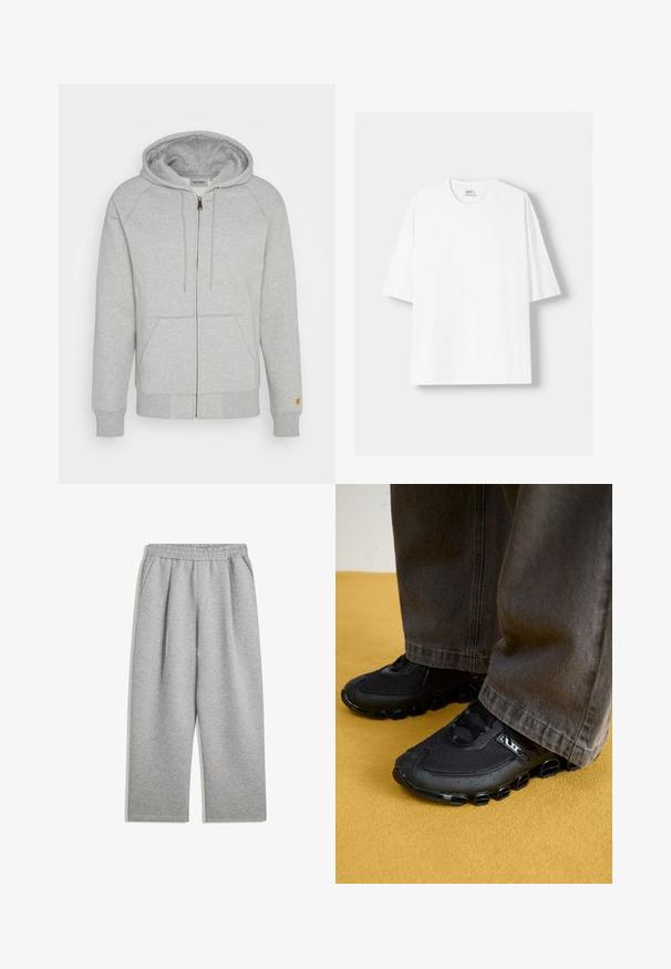Grey zip-up hoodie in soft cotton blend, featuring a hood, front pockets, ribbed cuffs and hem, with a gold logo accent on the sleeve.; White short-sleeved t-shirt made from cotton, featuring a round neckline and a relaxed fit. Smooth texture, with no visible patterns or accents.; Light gray sweatpants with elastic waistband and side pockets, straight leg cut, made of soft fabric.; Black athletic shoes with a mesh upper, curved sole, and distinctive rounded accents. Paired with dark, loose-fitting pants.