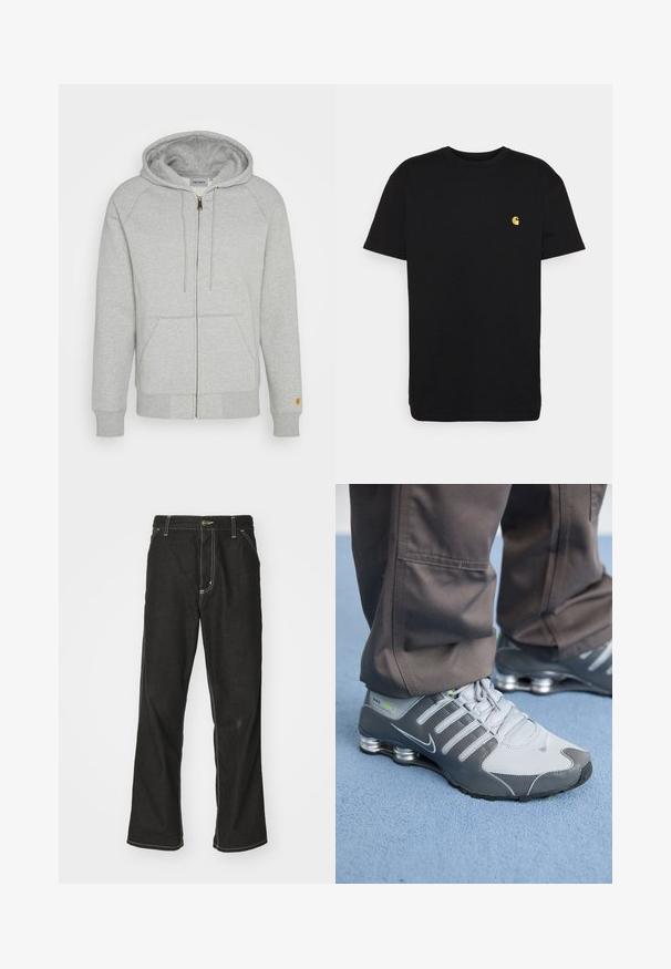 Graue Zip-Hoodie aus weichem Baumwollmix, mit Kapuze, Vordertaschen, gerippten Bündchen und Saum sowie einem goldenen Logo-Detail am Ärmel.; Schwarzes Baumwoll-T-Shirt mit kurzen Ärmeln, Rundhalsausschnitt und einem kleinen gelben Logo im linken Brustbereich. Einfaches Design und normale Passform.; Schwarze Denim-Jeans mit lockerer Passform, kontrastierenden weißen Nähten, einem Knopfverschluss und geradem Bein.; Graue und silberne Nike Shox Sneakers zeichnen sich durch ein schlankes Design aus, mit Netz- und Synthetikmaterialien, einer abgerundeten Zehenpartie und einem gepolsterten Schuhkragen.