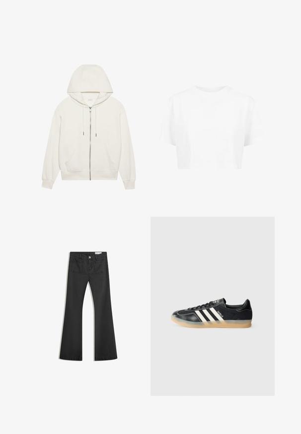 Fehér, cipzáras kapucnis pulóver, puha anyagból készült. Jellegzetes elemei a zsinórral ellátott kapucni, elülső zsebek és bordázott mandzsetta. Egyszerű, minimalista dizájn.; Fehér, rövid ujjú, kerek nyakú, rövidített póló, sima anyagból, látható minták vagy jellegzetes díszítések nélkül.; Fekete, sima textúrájú farmer flare nadrág, két hátsó zsebbel és gombos derékkal.; Fekete sportcipő fehér csíkokkal, texturált anyagból, sima bőr orral és gumitalppal. A nyelvén logóval ellátva.