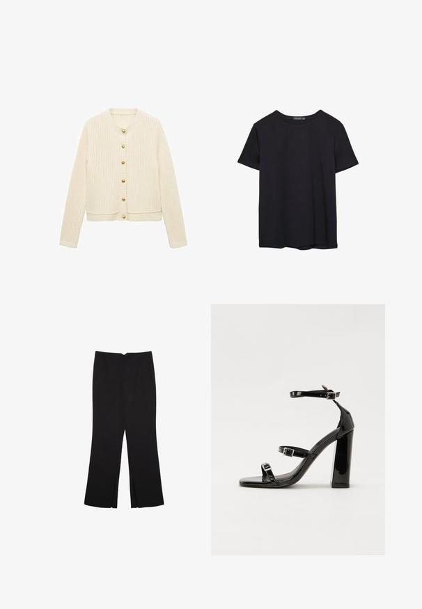 Pletena kardigan u krem boji s rebrastom teksturom, koji se ističe dugim rukavima i šest zlatnih dugmadi sprijeda. Skraćeni dizajn s okruglim izrezom.; Pura crna pamučna majica kratkih rukava s okruglim izrezom, prikazana na bijeloj pozadini.; Crne hlače ravnog kroja, s prednjim džepovima i bočnim prorezima na rubu. Izrađene od mekog i glatkog materijala. Pogodne za razne prigode.; Crne lakirane sandale na pete sa kvadratnim nosom, trakama oko gležnja i srebrnim kopčama. Imaju čvrst blok petu za stabilnost.