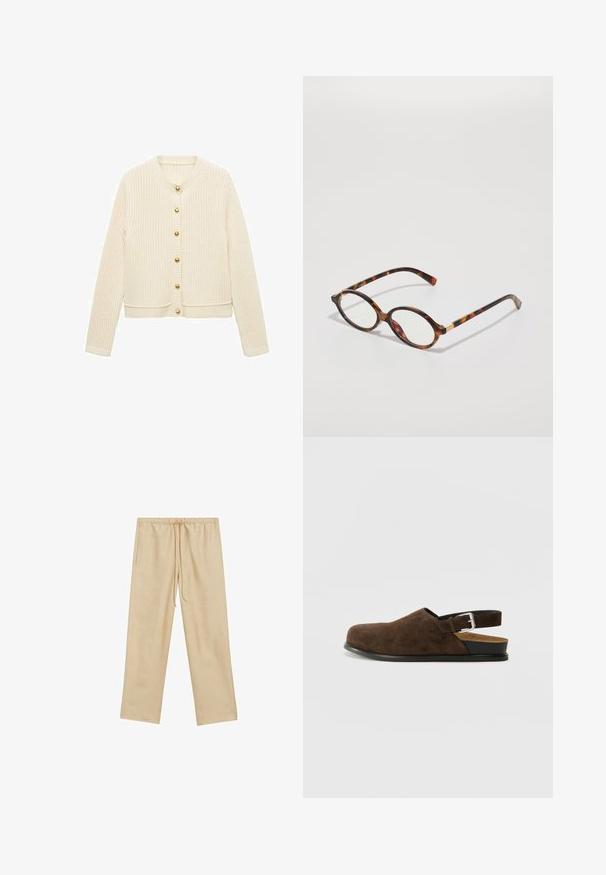 Cardigan lavorato a maglia in crema con una texture a coste, caratterizzato da maniche lunghe e sei bottoni dorati sul davanti. Design corto con collo rotondo.; Canottiera light beige in tessuto a costine, con scollatura rotonda e spalline spesse, dalla forma aderente e con dettagli minimi.; Pantaloni beige chiaro, dalla vestibilità ampia, con un elastico in vita e cordoncino. Presentano due tasche laterali e una texture liscia.; Scarpa slip-on in suede marrone con tacco basso, cinturino regolabile con fibbia argentata e suola in gomma nera.; Occhiali da vista in tartaruga con montatura ovale, lenti trasparenti e dettagli dorati. Presentano tempie curve e una finitura liscia e lucida.