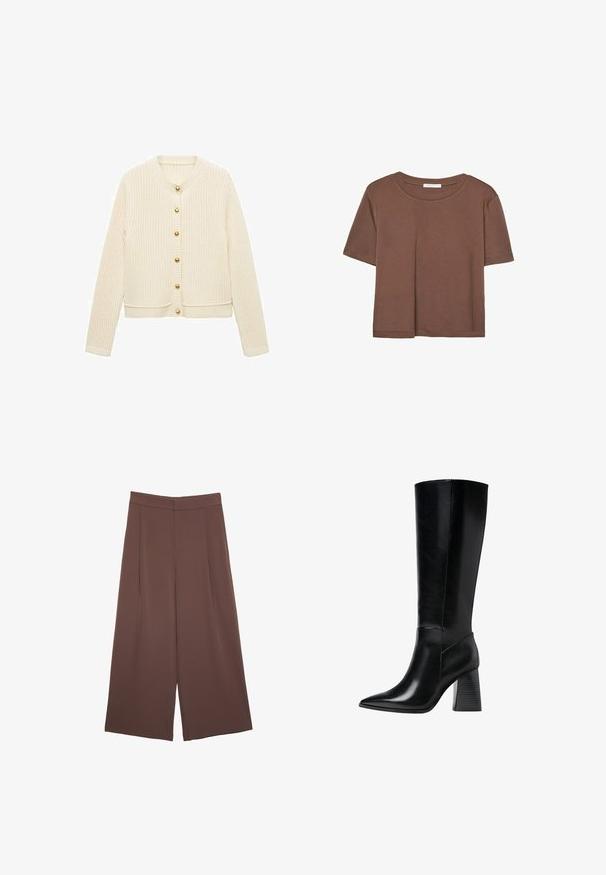 Sweter z dzianiny w kolorze kremowym z prążkowanym wykończeniem, z długimi rękawami i sześcioma złotymi guzikami z przodu. Krótkie fason z okrągłym dekoltem.; Brązowa koszulka z krótkim rękawem, wykonana z miękkiego materiału, z okrągłym dekoltem i luźnym krojem. Brak widocznych wzorów lub akcentów.; Brązowe spodnie o szerokich nogawkach z gładką fakturą, z wysokim stanem i plisami z przodu. Materiał jest lekki i luźno opada.; Czarne skórzane botki do kolan z wąskim noskiem, gładką teksturą oraz masywnym, żłobionym obcasem dla stabilności. Elegancki design z minimalnymi akcentami.