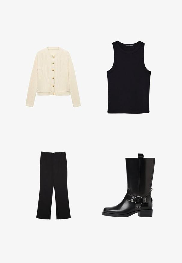 Knit cardigan in cream with a ribbed texture, featuring long sleeves and six gold buttons down the front. Cropped design with a round neck.; Black tank top made of cotton, featuring a round neckline and wide armholes. Smooth texture with stitched hems. Classic, minimalist design.; Black trousers with a straight fit, featuring front pockets and side slits at the hem. Made of soft, smooth fabric. Suitable for various occasions.; Black leather knee-high boot with a pointed toe, silver buckle accents, and a chunky heel. Features a pull tab for easy wear.