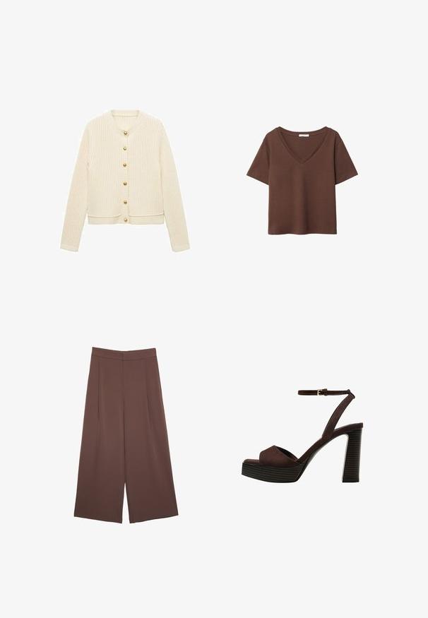 Strickcardigan in Creme mit einer gerippten Textur, ausgestattet mit langen Ärmeln und sechs goldenen Knöpfen auf der Vorderseite. Kurz geschnittenes Design mit rundem Hals.; Braunes Baumwoll-T-Shirt mit kurzen Ärmeln und tiefem V-Ausschnitt. Einfaches Design, weiche Textur und gerade Saumlinie. Keine Muster oder Akzente.; Braune Weite-Leg-Hosen mit einer glatten Textur, hoher Taille und Vorderfalten. Der Stoff ist leicht und fällt locker.; Braune Wildleder-Pumps mit offenem Zeh, verstellbarem Knöchelriemen und gestreiftem Plateausohlen.