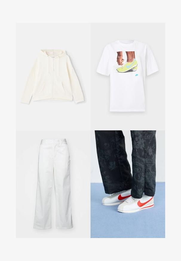 Krema zip-up kapuca s kapuljačom na vezanje, prednjim džepovima, širokim rukavima i rebrastim manžetama. Napravljen od mekanog, teksturiranog materijala.; Bela bombažna majica s potiskom nog v rumenih Nike kopačkah z modrimi dodatki, dopolnjena z zapestnico na levi roki.; Bele hlače širokega kroja iz bombaža, z gladko teksturo, pravim fitom, sprednjimi žepi in čistim robom.; Bele Nike teniske z rdečimi akcenti, v kombinaciji z črnimi hlačami s cvetličnim vzorcem. Tekstura je gladka z ravnim pletenim podplatom.