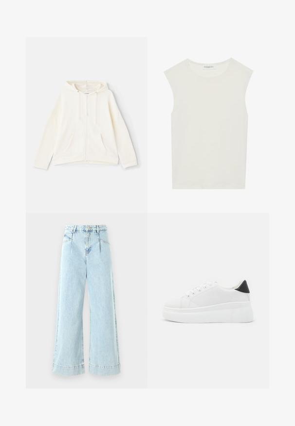 Crème kleurige zip-up hoodie met een trekkoordkap, voorzakken, brede mouwen en ribgebreide manchetten. Gemaakt van zachte, gestructureerde stof.; Witte mouwloze top met een ronde halslijn. Gemaakt van gladde stof, het heeft een losse pasvorm en een minimalistisch ontwerp. Geen patronen of accenten.; Lichtblauwe wijde jeans gemaakt van denim, met een hoge taille, voorzakken en gestikte accenten aan de zoom.; Witte platform sneakers van glad synthetisch materiaal, met een afgeronde neus, vetersluiting en een gestructureerde rubberen zool. Zwarte hielaccent.