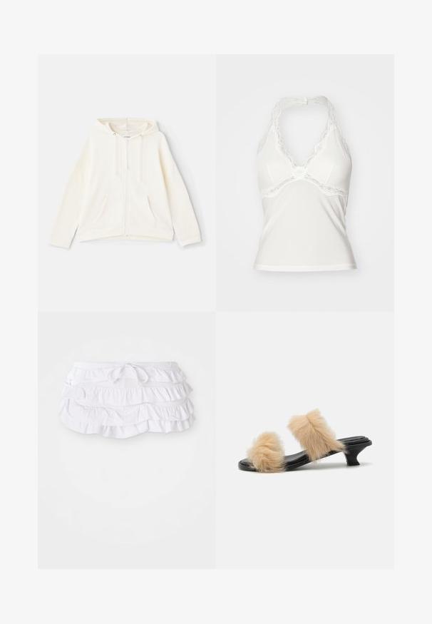 Krémová mikina na zips s kapucňou na šnúrku, prednými vreckami, širokými rukávmi a rebrovanými manžetami. Vyrobená z mäkkého, textúrovaného materiálu.; Biely top s halter výstrihom a čipkovým lemovaním pozdĺž dekoltu, vyrobený z mäkkého materiálu, s jemne vyplnenými košíčkami a priliehavým, hladkým strihom.; Biela plávková sukňa s volánmi a viacerými vrstvami, so šnúrkou v páse na úpravu. Mäkká látka s hladkým povrchom.; Čierne šľapky so striebornými podložkami a dvoma béžovými umelými kožušinovými pom-pommi, nízkymi kitten podpätkami, hladkým povrchom a otvoreným dizajnom špičky.