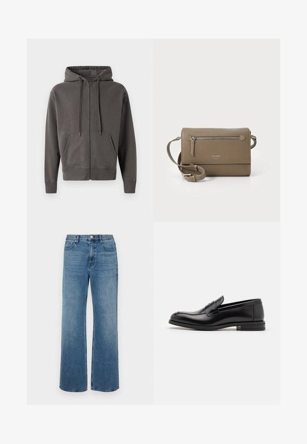 Siva dukserica s patentnim zatvaračem koja ima kapuljaču s vezicom, kenguru džepove i rebraste manžete i rub. Mekani materijal s glatkom teksturom.; Bijela košulja s dugim rukavima na dugme, izrađena od pamuka, s džepom na prsima s ton-sur-ton vezom, ovratnikom i dugmadi na manžetama.; Široke plave traperice od denima s izblijeđenim završetkom. Imaju pet džepova, prednje kopčanje na gumb i ravni kroj.; Crni kožni mokasini s glatkom teksturom, zaobljenim prstima i ukrasnom trakom preko prednjeg dijela. Niski slojeviti potplat, minimalistički dizajn.; Taupe kožna crossbody torba s prednjim džepom na zatvarač, podesivim remenom, reljefnom teksturom i urezanim logotipom sprijeda.