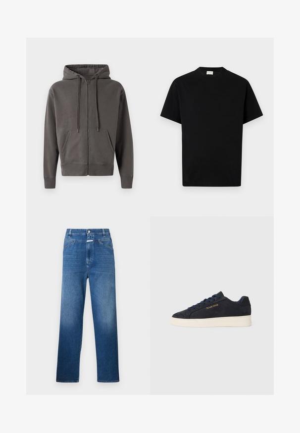 Sudadera gris con cremallera, cuenta con capucha ajustable, bolsillos tipo canguro y puños y dobladillo de canalé. Material suave con una textura lisa.; Camiseta de algodón negra con cuello redondo, mangas cortas y corte recto. Sin patrones visibles ni detalles de hardware.; Jeans de mezclilla azul con corte recto, con cierre de botón, presillas para cinturón y un ligero desgaste en los muslos.; Zapatilla baja de ante azul marino con suela blanca, cordones azul marino y logo de "Filling Pieces" en dorado en el lateral.
