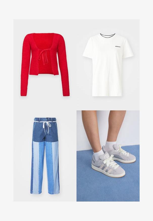 BDG Urban Outfitters Kardigán - red; Fehér pamut póló rövid ujjakkal és kerek nyakkivágással. A mellkason egy fekete Adidas logó található, valamint kontrasztos fekete belső gallér.; Kék farmernadrág, foltvarrásos dizájnnal, különböző árnyalatú kékekből, húzózsinóros derékkal és laza, egyenes szabású lábakkal.; Szürke velúr sportcipők fehér fűzővel és gumi talppal, az oldalán három ferde csíkkal és a nyelvén logo folttal.