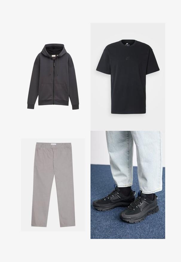 Grå lynlås-hoodie med hætte, forlommer og snoretræk. Fremstillet af tekstureret stof, med en let afslappet pasform og manchetter.; Nike sort bomulds t-shirt med en klassisk rund hals, korte ærmer og et diskret, præget logo på brystet. Glat tekstur.; Lys grå bomuldsbukser med elastisk talje, to sidelommer, lige ben design og en glat tekstur. Enkel syning detalje.; Sorte træningssko med tekstureret stof og gummisåler, udstyret med elastiske snørebånd og en blå detalje på hælen. Bæres med lyse denimbukser.