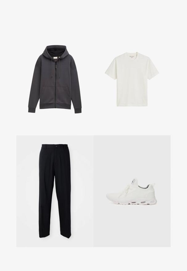 Gray zip-up hoodie with a hood, front pockets, and drawstrings. Made from textured fabric, featuring a slightly relaxed fit and cuffs.; Cotton t-shirt in off-white, crew neck design with short sleeves, featuring a straight hem and minimal branding on the label.; Black straight-leg trousers with belt loops, button closure, and a sleek, minimal design on a neutral background.; White athletic shoes featuring a textured knit upper, flat laces, and a cushioned sole with visible air chambers for added support.
