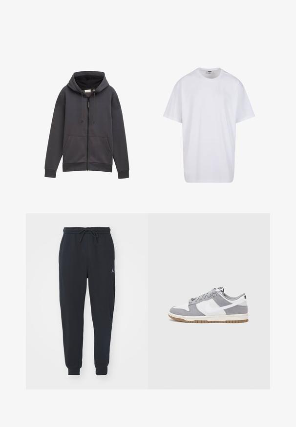 Hanorac gri cu fermoar, cu glugă, buzunare frontale și șnururi. Fabricat dintr-un material texturat, având o croială ușor relaxată și manșete.; Tricou alb din bumbac cu mâneci scurte, decolteu rotund, croială lejeră și fără logo-uri sau modele vizibile. Textură netedă și design minimalist.; Pantaloni de jogger negri dintr-o țesătură moale, cu talie elastică și șnur, mansete ribbate și un mic logo pe coapsa stângă.; Sneaker gri și alb, cu un superior din suede și piele, vârf rotund, șireturi plate și o talpă din cauciuc ce prezintă un accent de culoare gum.
