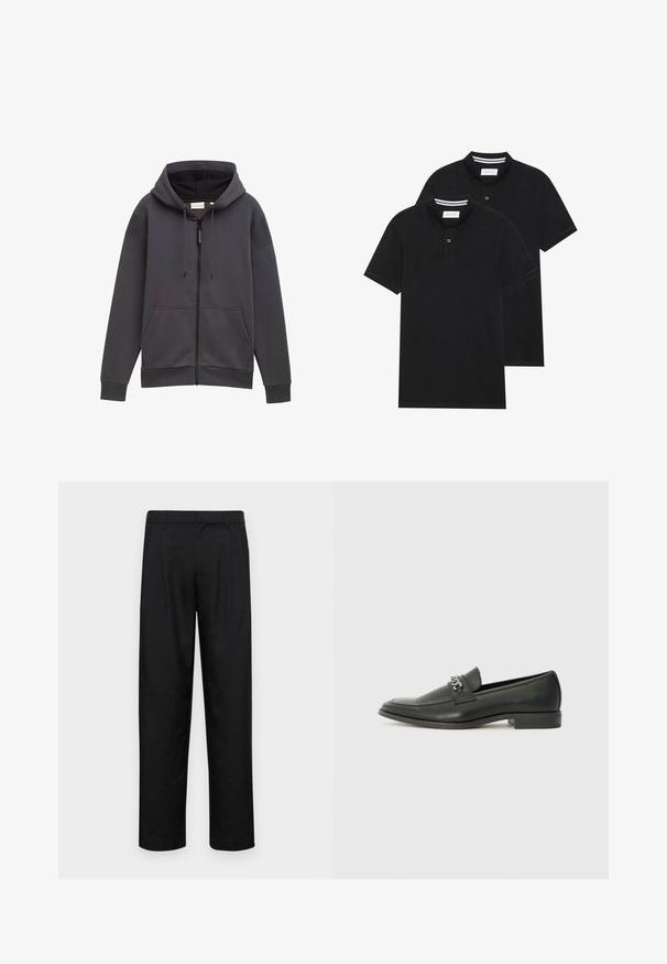 Hanorac gri cu fermoar, cu glugă, buzunare frontale și șnururi. Fabricat dintr-un material texturat, având o croială ușor relaxată și manșete.; Două tricouri polo negre, cu mânecă scurtă, din material de bumbac, având un guler clasic, deschidere cu două butoane și accente albe cu dungi în interiorul gulerului.; Pantaloni negri dintr-un material neted, cu un design drept, două pliuri frontale și un tiv standard cu bucle pentru curea.; Pantofii negri din piele cu un finisaj neted, având un design cusut și un accent decorativ de lanț metalic peste partea de sus. Toc plat.