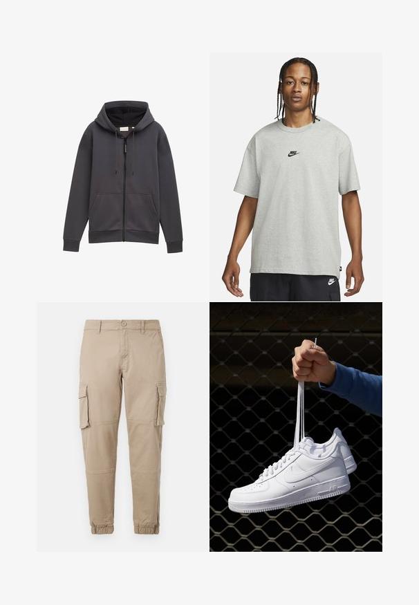 Grå lynlås-hoodie med hætte, forlommer og snoretræk. Fremstillet af tekstureret stof, med en let afslappet pasform og manchetter.; Ung person med fletninger iført en lys grå Nike T-shirt og sorte Nike shorts mod en ensfarvet hvid baggrund.; Beige cargo bukser i et letvægts bomuldsstof. Har elastiske manchetter, flere sidelommer og en knaplukning.; Hvide lædersneakers med perforeringer, rund tå, flad sål og tykke snørebånd, med et synligt swoosh-logo og "AIR" på hælen.