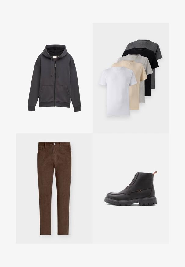 Pelēks rāvējslēdzēja džemperis ar kapuci, priekšējām kabatām un regulējamām auklām. Izgatavots no faktūras auduma, ar nedaudz brīvāku piegriezumu un aprocēm.; Piecu īsām piedurknēm T-kreklu komplekts baltā, bēšā, gaiši pelēkā, tumši pelēkā un melnā krāsā. Izgatavoti no gludas kokvilnas, ar apaļu kakla izgriezumu.; Brūni korduroja bikses ar taisnu griezumu, kas aprīkotas ar pogu aizdari, priekšējiem kabatām un vertikāli ribotu tekstūru visā audumā.; Brūni ādas potītēm zābaki ar apaļu purngalu, tonāla izšūšana, izturīga melna gumijas zole un oranžs cilpiņas elements papēdī.