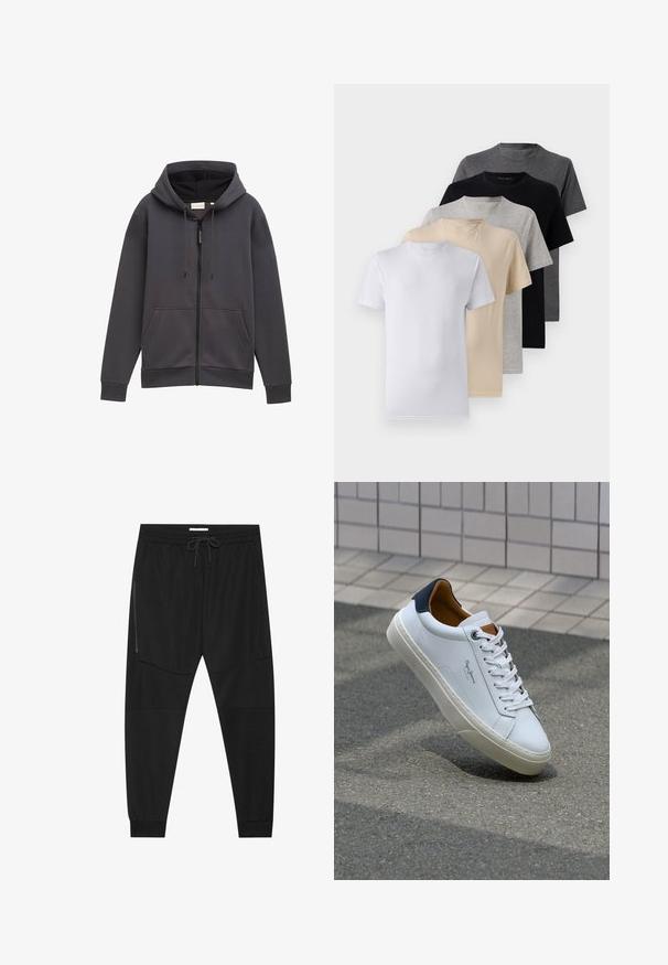 Felpa grigia con zip, cappuccio, tasche frontali e coulisse. Realizzata in tessuto testurizzato, presenta una vestibilità leggermente rilassata e polsini.; Set di cinque t-shirt a manica corta in bianco, beige, grigio chiaro, grigio scuro e nero. Realizzate in cotone morbido, con design a girocollo.; Pantaloni sportivi neri in tessuto texturizzato, dotati di una vita regolabile, tasca laterale con zip e polsini a gamba affusolata.; Sneaker bianca in pelle con tallone blu, punta rotonda e accenti marroni a contrasto. Presenta lacci piatti e suola in gomma testurizzata.