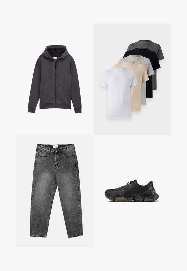 Grijze ritssluiting hoodie met een capuchon, voorzakken en trekkoorden. Gemaakt van textuurstof, met een iets ontspannen pasvorm en manchet.; Set van vijf T-shirts met korte mouwen in wit, beige, lichtgrijs, donkergrijs en zwart. Gemaakt van gladde katoen en voorzien van een ronde hals.; Zwart gewassen rechte jeans met voor- en achterzakken, riemlussen en een knoopsluiting in de taille.; Zwarte sportieve sneaker met een gestructureerde zool, leren en suède bovenwerk, gevoerde kraag en vetersluiting, getoond in zijprofiel.