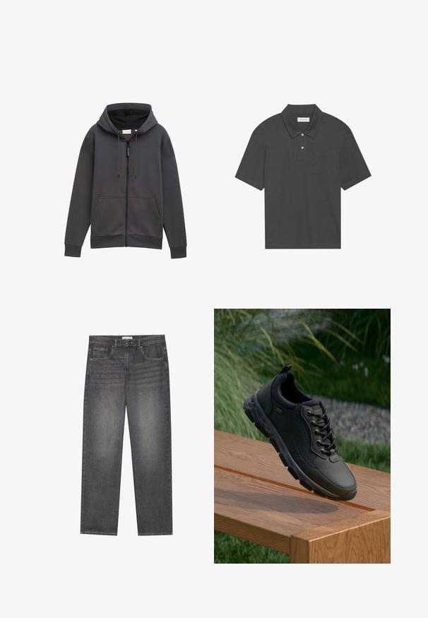 Siva zip-up kapuca s kapuco, sprednjimi žepi in vrvicami. Narejena iz teksturirane tkanine, z rahlo sproščenim krojem in manšetami.; Temno siva polo majica s tradicionalnim ovratnikom, tri gumbe zapenjanja, kratkimi rokavi in žepom na levi strani prsnega dela. Gladka tekstura tkanine.; Temno sivi kavbojki z ravnim krojem, ki imajo pet žepov, sprednjo zaponko na gumb in rahlo zbledelost po tkanini.; Črne usnjene teniske z teksturiranim gumijastim podplatom, vezalnim dizajnom in obloženim ovratnikom. Opazne značilnosti vključujejo logotip na strani.