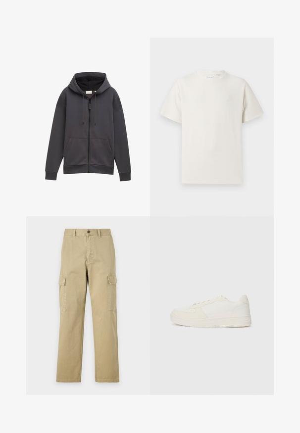 Grauer Zip-Hoodie mit Kapuze, Fronttaschen und Kordelzügen. Hergestellt aus strukturiertem Stoff, mit einem leicht lockeren Schnitt und Bündchen.; Weißes T-Shirt mit kurzen Ärmeln in gerippter Textur. Runder Ausschnitt, lockere Passform, keine sichtbaren Muster oder Akzente. Einfaches und vielseitiges Design.; Beige Cargo-Hosen aus Baumwolle, mit zwei Seitentaschen, einem Knopfverschluss und geraden Beinen aus einem leicht strukturierten Stoff.; Weiße Sneaker mit einem Obermaterial aus glattem Leder und Wildlederakzenten. Sie verfügen über eine perforierte Zehenpartie, flache Schnürsenkel und eine Gummisohle mit strukturierten Details.