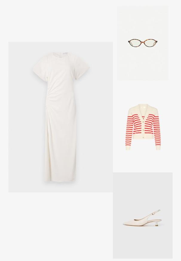 Krémový kardigán s výraznými červenými pruhy, V-výstřih, dlouhé rukávy a tři knoflíky vpředu. Měkká pletená tkanina s ribovanými detaily.; Bílé šaty s krátkými rukávy, kulatým výstřihem a řasením po stranách; hladká tkanina s dlouhým střihem k podlaze.; Krémová špičatá slingback obuv s nízkým klínkovým podpatkem a zlatou sponou na bílém pozadí.; Želvovinové brýle s oválnými čočkami a hladkým, jemným povrchem. Má tenké bočnice s jemným zakřivením v chrámcích. Čiré čočky.