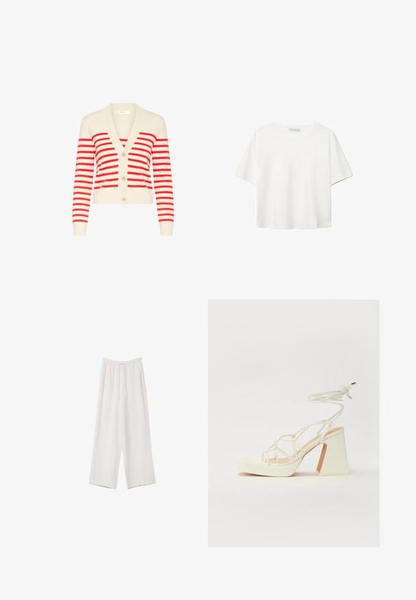 Krämfärgad kavaj med livfulla röda ränder, v-ringning, långa ärmar och tre knappar fram. Mjuk, stickad tyg med ribbade detaljer.; Vit t-shirt med kort ärm i bomull. Har en rundad halsringning och en avslappnad passform. Slät textur utan synliga mönster eller detaljer.; Vita vida byxor i vid passform gjorda av ett lättviktsmaterial. Har en elastisk midja med dragsko och sidofickor. Slät textur.; Vit högklackad sandal med en kraftig klack, med ett remdesign och ankelband. Slät textur med en plattform framtill för ökad höjd.