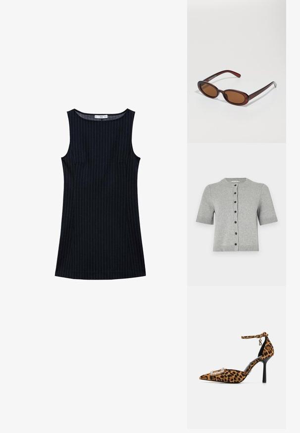 Hellgraue, kurzärmlige Strickjacke aus einem gestrickten Stoff mit rundem Ausschnitt, fünf dunklen Knöpfen entlang der Front und gerippten Abschlüssen.; Marineblau gestreiftes ärmelloses Kleid mit geradem Schnitt, das Seitentaschen und einen runden Ausschnitt hat. Glatte Stofftextur.; Leopardenmuster High-Heel-Schuh mit spitzer Zehe, Samttextur, Knöchelriemen und mit Kristallen besetzter Schnalle. Schwarzer Stilettoschuh.; Runde, braun getönte Sonnenbrillen mit einem glänzenden burgunderfarbenen Rahmen. Schlanke Bügel mit dezentem Branding. Flaches Linsendesign.; Rote Handtasche aus Krokoleder mit geprägtem Design, einer langen Schultergurt und silbernen Beschlägen, die ein Logodetail auf der Vorderseite aufweist.; Zign 2 PACK - Armband - gold-coloured/silver-coloured